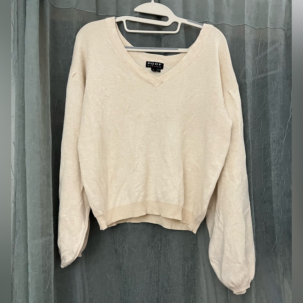 Cream V Neck Sweater with Balloon Sleeve